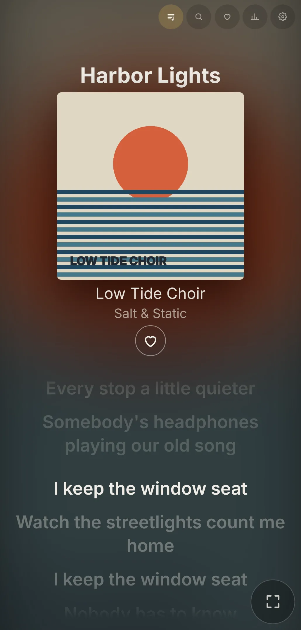 Liner Notes on a phone, with lyrics scrolling under the album cover
